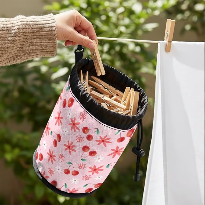 Cherry Floral Clothespin Bag Holder Outside, Multiple Hanging Methods Clothes Pin Bag with Drawstring Closure, Ventilation Clothespin Storage Organizer with Hooks