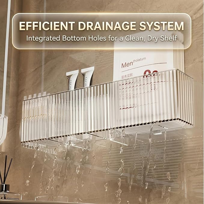 Osuke 2 Pack Clear Shower Caddy & Bathroom Counter Organizer, Slim 2.3" Adhesive Wall Mount Shower Shelves with 3 Compartments, Fluted Bathroom Organizers and Storage for Skincare