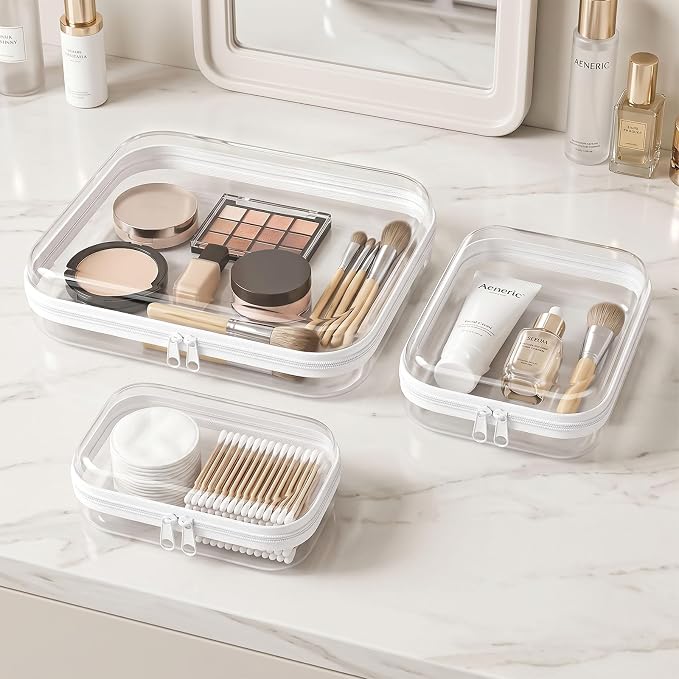 6 Pack Clear Hard Shell Zipper Case, Hard Plastic Zipper Pouches(2L, 2M,2S) | 2 Large, 2 Medium,2 Small，Diaper Bag Storage Organizer Box, for Travel of Makeup Bag, Toiletry Bag, Electronics, Toys