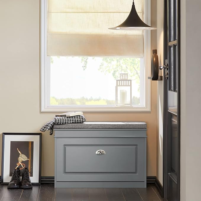 Haotian Shoe Storage Bench with Cushion, Grey Narrow Shoe Rack for Entryway, Small Shoe Cabinet with Flip-Drawer, Closet Hallway Mudroom FSR82-L-HG