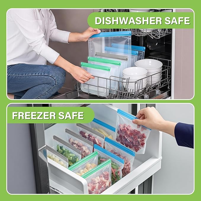 6Pack Gallon Freezer Bags, 11" x 10.6" Reusable Silicone Food Storage Bags - Leakproof, Lock Bags for Microwave, Dishwashe, Airtight Storage Bags for Lunch Container Organization