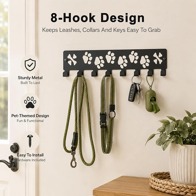 Dog Leash Holder for Wall, Key Holder Wall Mount, Cat Paws Design Metal Rack with 8 Hooks, Multi-Purpose Organizer Rack for Dog Leashes, Pet Collars, Toys, Treats & Household Keys