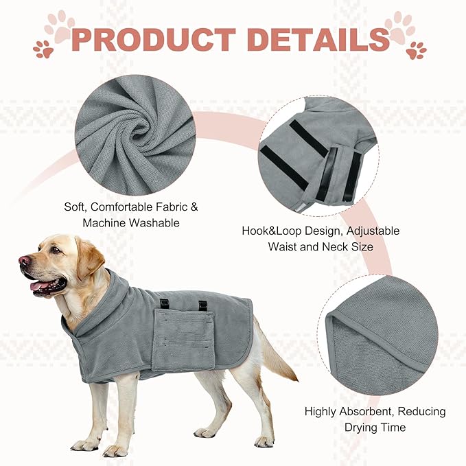 Dog Drying Coat, Dog Robes for After Bath Bathrobe Super Absorbent Towel Soft Adjustable, (M, Gray), Intended for Fast Drying Warm Keeping Pet Cats Kitten Puppies
