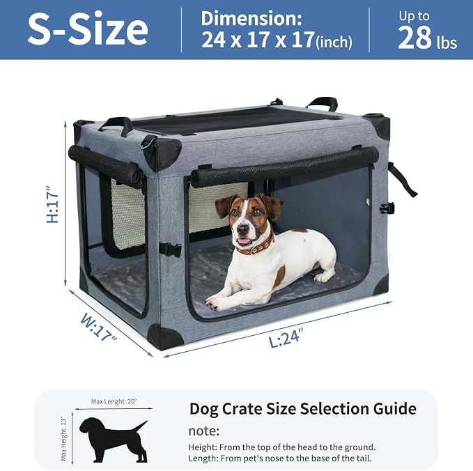 NEZUC Collapsible Dog Crates for Large Dogs Portable Soft Sided Travel Dog Carrier for Indoor & Outdoor, 4-Door Foldable Pet Kennel with Durable Mesh Windows (Gray, 24.0" L x 17.0" W x 17.0")