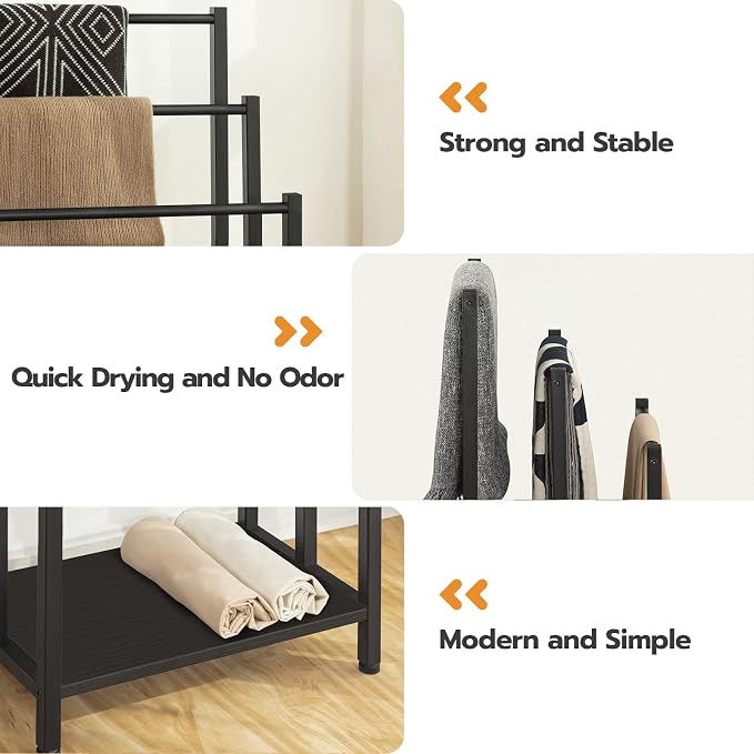 HOOBRO Free Standing Towel Rack, 3 Tier Blanket Rack, Blanket Holder for Bathroom, 16.9" L x 11" W x 31.9" H, Industrial Metal Drying and Display Rack with Shelf, Black BB03LB01