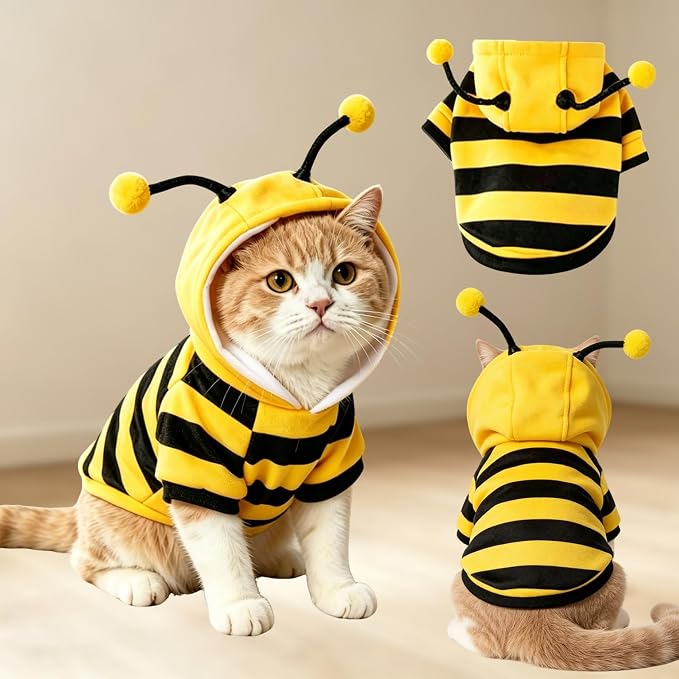 Bumblebee Cat Costume for Sphynx & Small Dogs, Fit Halloween, Yellow, XXS | Cute Bee Stripes Hoodie, Soft Warm Fleece, Holiday Cosplay Outfit, Daily Leisure Wear, Easy to Put, Safe for Leash Walking
