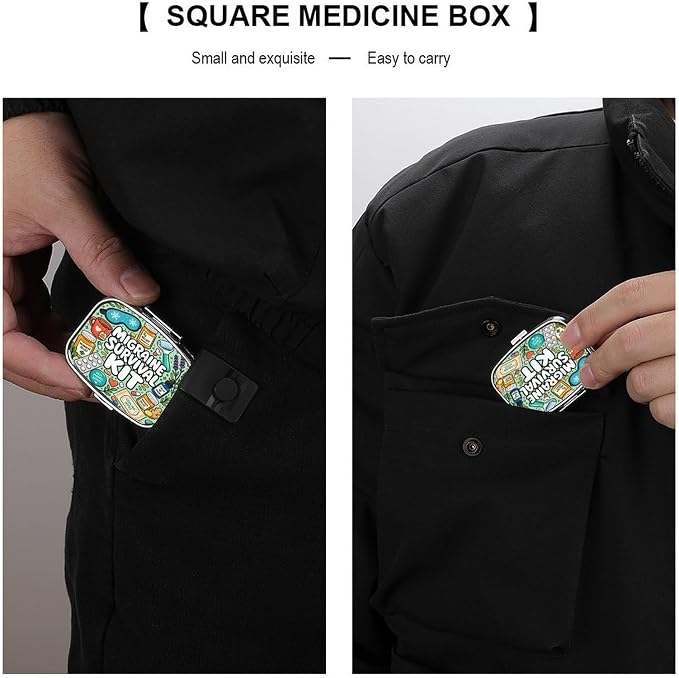 Colorful Migraine Survival Kit Illustration Two Compartment Pill Box Medicine Organizer, Portable Pill Case with Secure Snap Closure for Vitamins Medication Supplements Daily Use