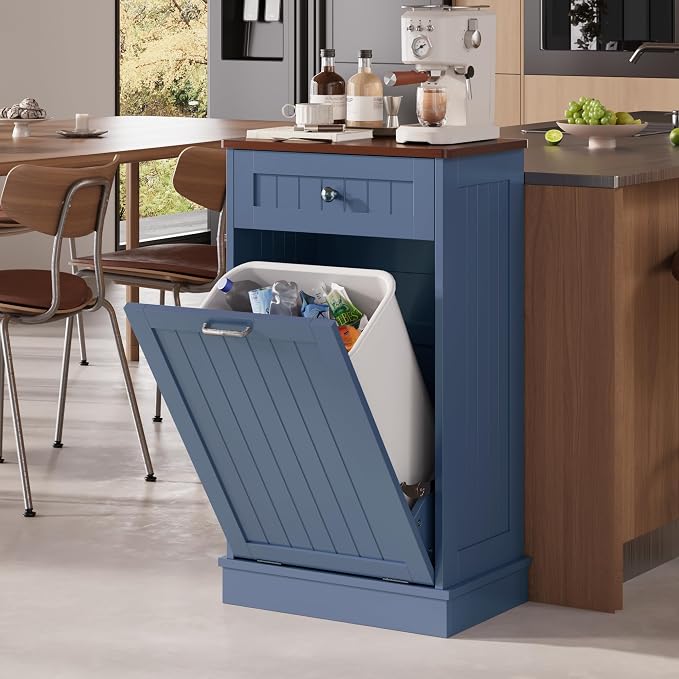 KIGOTY Tilt Out Trash Can Cabinet, Laundry Hamper Cabinet, Haze Blue