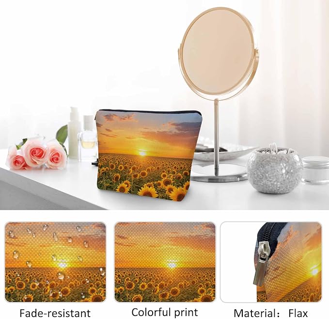 Sunflower Makeup Bags Makeup Organizer, Sunset Bloom Sunflowers Yellow Flax Toiletry Bags Travel Cosmetic Bag Makeup Purse Pouch Skincare Bag Wallet Bags For Women Female Mom Daughter