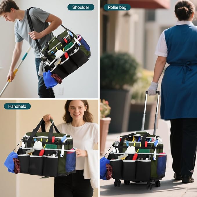 Large Rolling Cleaning Caddy Bag with Detachable Trolley, Full Support Plates for Professional Cleaning Supplies Bag, Organizer Bag with 4 Universal Wheels for Housekeepers, Car Wash (Green)