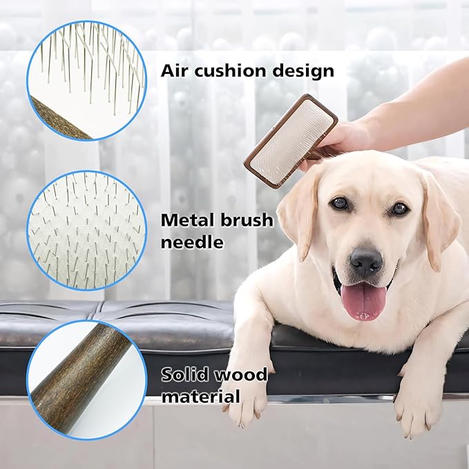 Dog Slicker Brush with Wooden Handle for Dogs & Cats, Doodle Brush for Goldendoodles, Poodles & Labradoodles, Removes Loose Hair, Mats, Tangles & Dirt, Grooming Brush for Thick Curly Coats