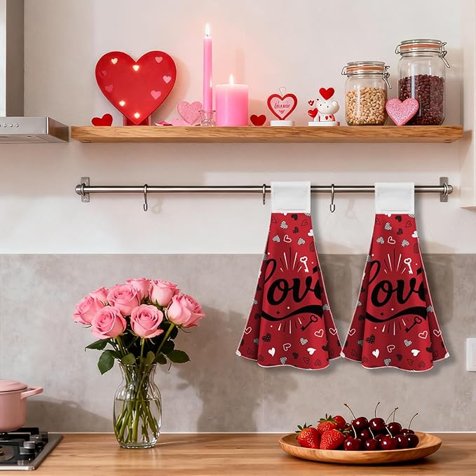 CUTHOLLOW Love Design Hanging Kitchen Towels with Loop, Set of 2 - Soft & Super Absorbent Microfiber Decorative Dish & Hand Towel, Tea, Coffee Towel for Kitchen Bathroom Oven Handle