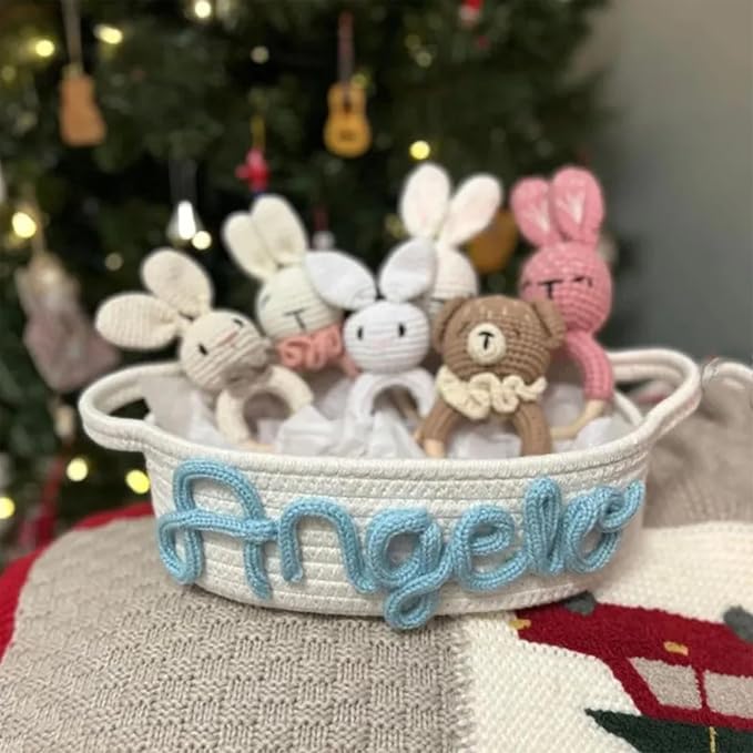 Personalized Cute Small Woven Basket with Handles, Custom Cotton Rope Room Shelf Storage Basket, Empty Decorative Gift Basket, Decorative Round Bin for Nursery Bedroom Bathroom (Style D)