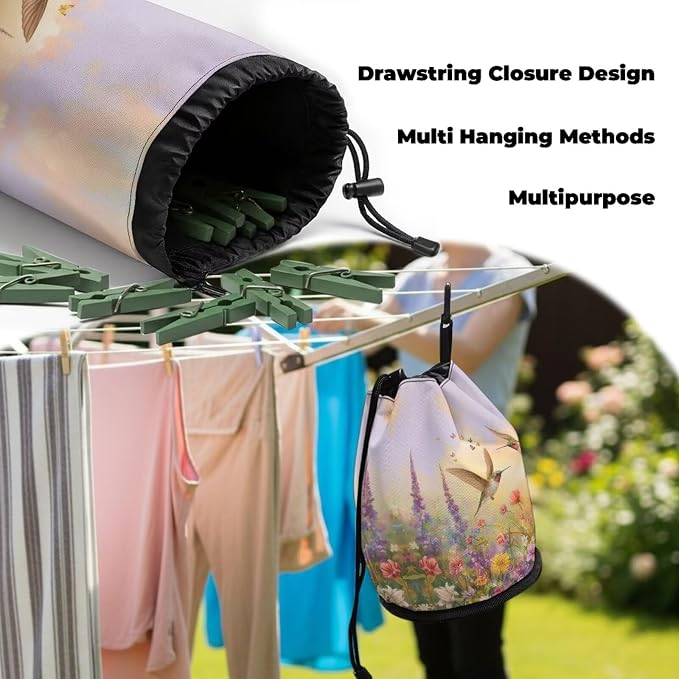 Hummingbird Floral Clothespin Bag for Clothesline Outdoor, Clothes Pin Bag with Drawstring Closure, Moisture Resistant, Large Capacity Laundry Clothespin Storage with Hook