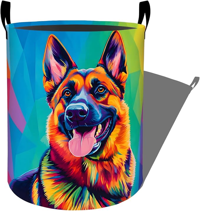 Colorful German Shepherd Laundry Basket, Cute Puppy Pet Dog Storage Hamper, Round Collapsible Waterproof Cloth Bin, 19.7x15.7 Inch Cartoon Art Clothes Organizer Gifts for Bathroom Decor