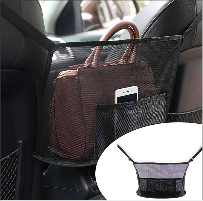 GLSOWEE Handbag Holder for Auto, Net Pocket Purse Holder Between Front Seats Car Storage Organizer, Universal Accessory for Women and Men, Pet/Kids Car Barrier (Black)