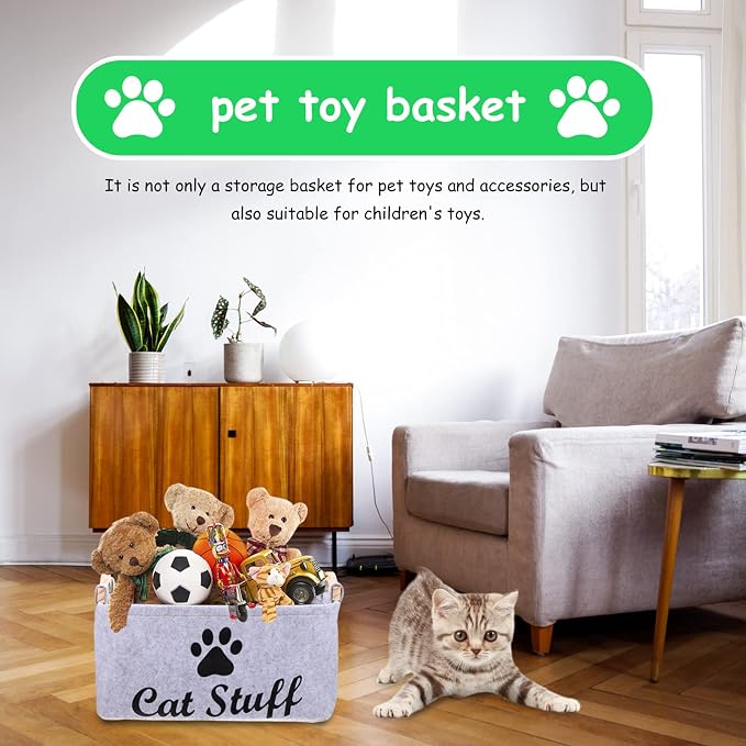 balacoo Cat Toy Storage Bin Fabric Pet Accessory Organizer Felt Basket Chest Organizer Container with Wooden Handle for Dog Rope Toys Blankets Leashes Clothing Grey