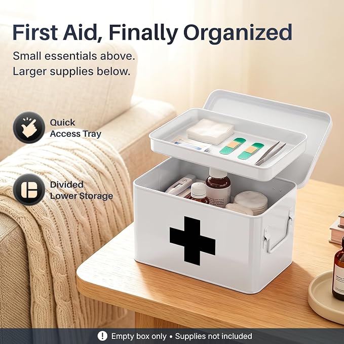 Flexzion Large Metal First Aid Box Empty, 8.5-Inch, White with Black Cross | Vintage Medicine Box and First Aid Storage Organizer with Removable Tray and Dividers; Empty Box Only, Supplies Not Included