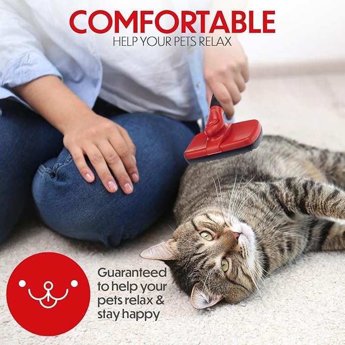 Self Cleaning Slicker Brush for Cat and Dog Coat - Detangler Dog Brush for Shedding & Grooming - Super Easy to Clean Deshedding Grooming Tool Removes Loose Pet Hair, Mats and Tangles (Red)