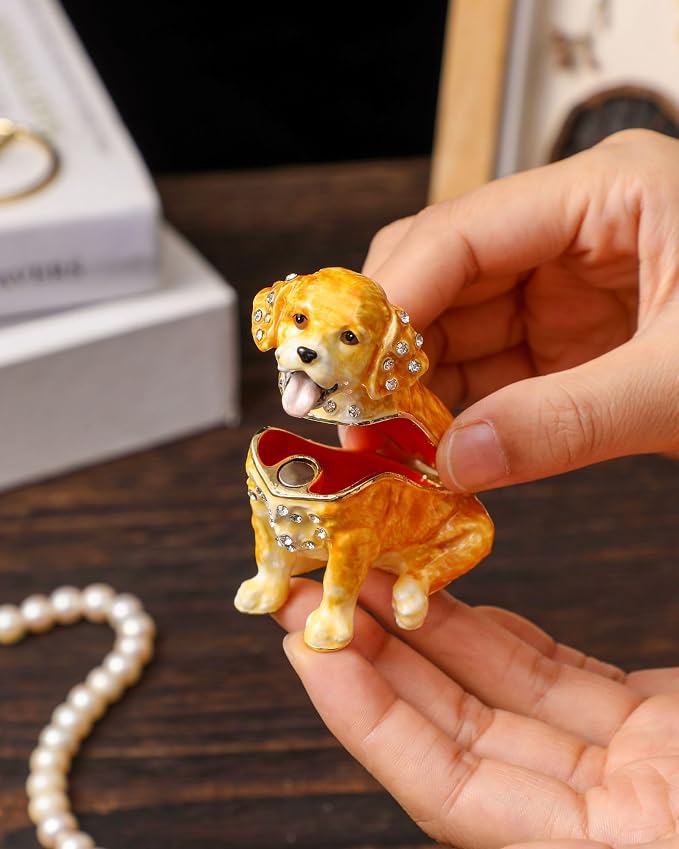 Hand Painted Trinket Box Enamel Vintage Jewelry Box Hinged Metal Jewelry Organizer Decorative Treasure Box Unique Gifts Dog A