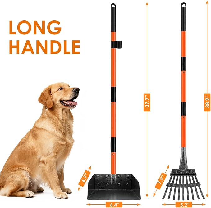 Pooper Scooper, Long Handle Dog Poop Scooper for Medium Small Dogs | Heavy Duty, Pet Supplies Metal Tray Rake, Stainless Steel, Rust-Resistant, 37"+ Handle No Bending, Use on Grass Dirt Gravel