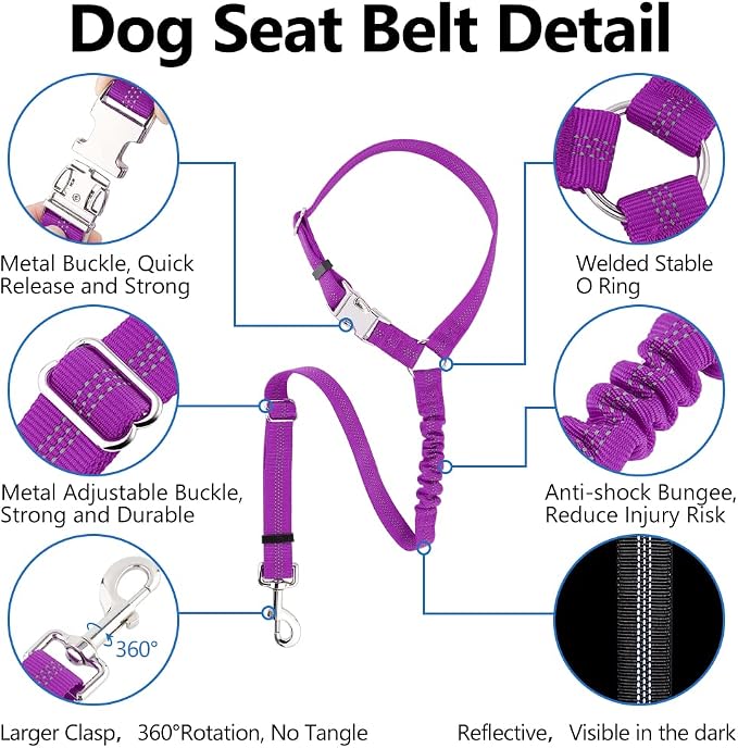 Plutus Pet Dog Seat Belt for Car Headrest, Reflective with Elastic Bungee | Adjustable Restraint for Safety, Vehicle Seatbelt Harness for Small Medium Large Dogs and Cats, Purple