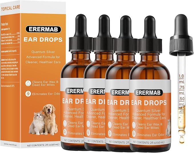 4 Pack Dog Ear Drops, Dog Ear Cleaner Drops, Ear Infection Treatment for Dogs and Cats, Natural Herbal Ear Cleaning Solution for Dirty,Itchy,Smelly,Inflammed Pet Ears, 2 oz with Dropper