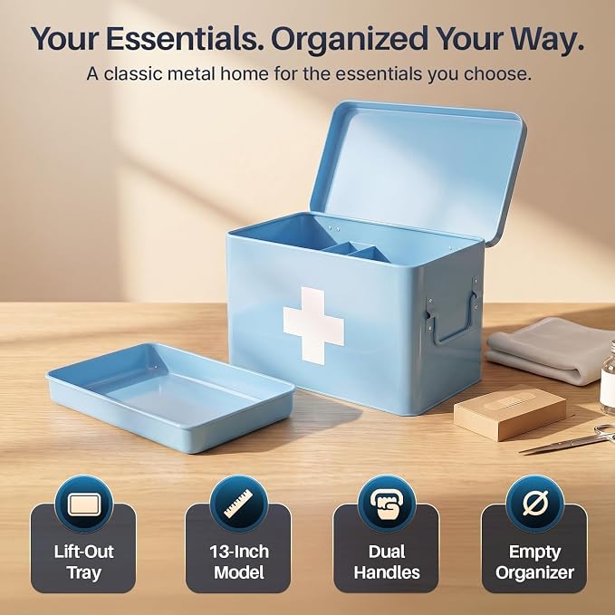Flexzion Large Metal First Aid Box Empty, 13-Inch, Blue with White Cross | Vintage Medicine Box and First Aid Storage Organizer with Removable Tray and Dividers; Empty Box Only, Supplies Not Included