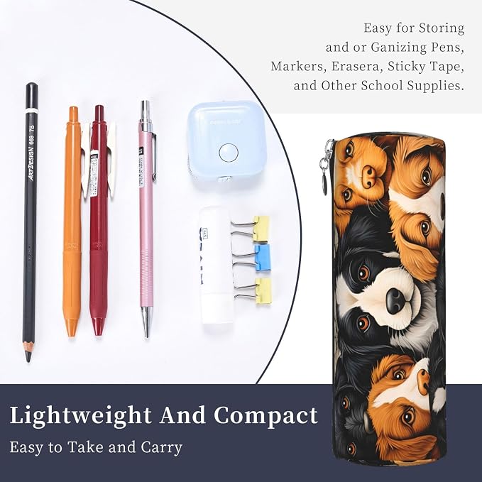 OSAM SPACE Leather Pencil Case Round Pencil Bag Cute Dogs Pen Organizer Holder Portable Zipper Pouch Cute School Supplies for Girls Boys Study Office