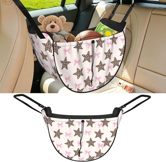 Leopard Star Pink Bow Car Seat Organizer Backseat Storage Bag, Large Waterproof Vehicle Organizer With Adjustable Straps For Gear Essentials, Fits Most Cars