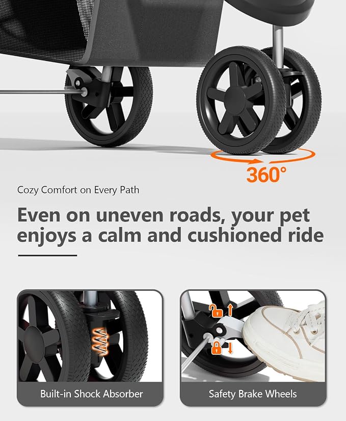 OS MOTOR 3 Wheels Pet Stroller for Small Medium Pets, Black | Foldable Carrier Jogger, Rear Wheel Breaks, Storage Basket, Visible Mesh Weather Cover, Portable, Dog, Cat, Puppy, Kitty