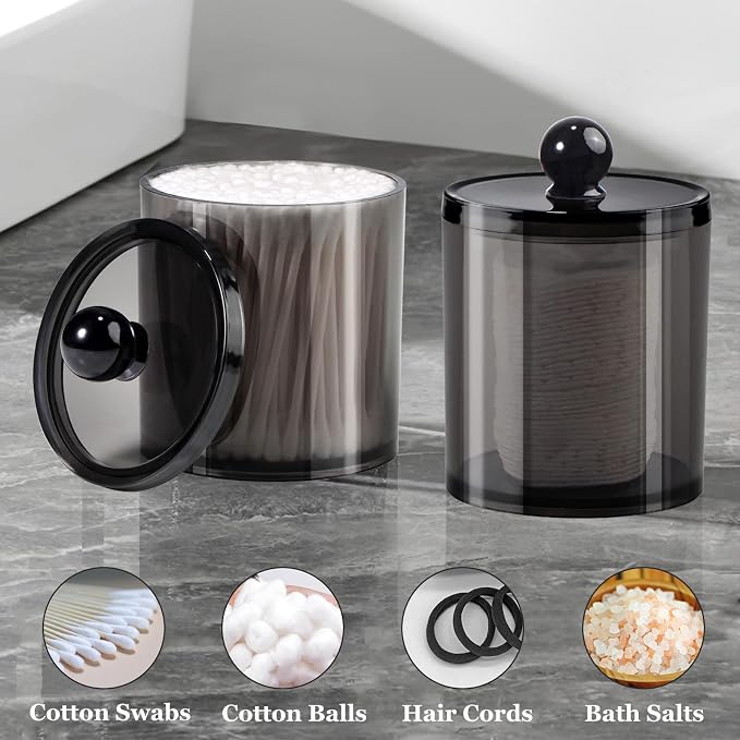 SheeChung 8 Pack Black Qtip Holder,Acrylic Apothecary Jars with Lids | 12 Labels - (4) 10oz & (4) 12oz Plastic Canisters Bathroom Storage Set for Cotton Swabs, Balls, Pads, Floss Picks
