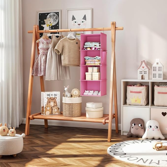 YOUDENOVA Hanging Closet Organizer and Storage, 4-Shelf, Light Pink | Locker/RV/Camper Organizer, Side Pocket, Hanging Shelves for Small Closet, Dorm Room Essentials for Guys, Breathable Fabric