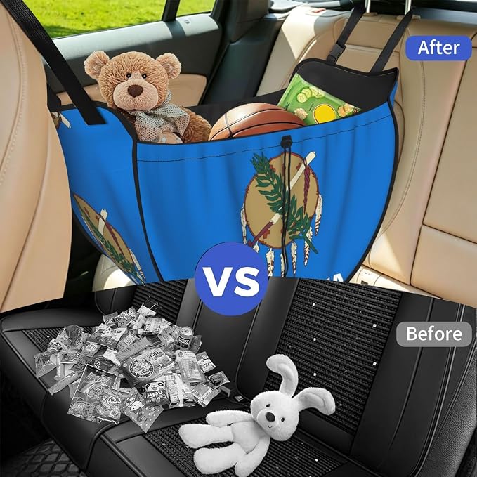 Oklahoma State Flag Car Seat Organizer-Backseat Storage Bag for Travel | Waterproof Durable. Holds Snacks Gear Essentials. Fits Most Cars.
