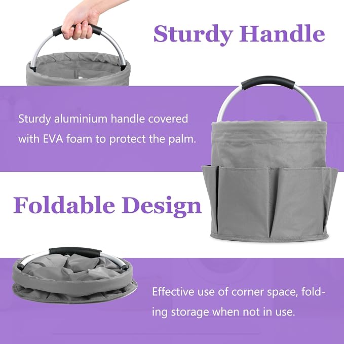 17L Collapsible Cleaning Supplies Caddy with Handle for Travel, Dark Gray | IHOMAGIC 600D Oxford Bucket Tool Organizer, Cleaning Tote with 6-pockets, Portable Storage Basket for Home, Hotel, Restaurant