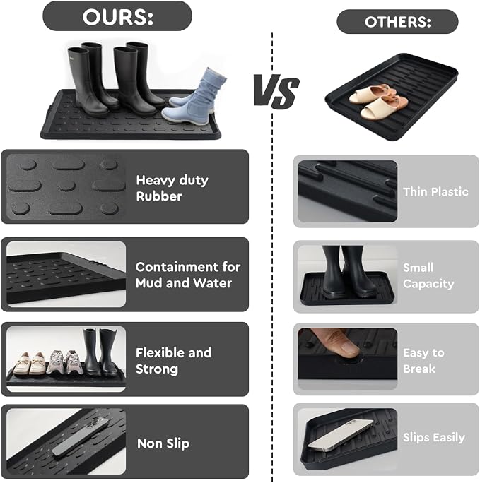 tchdio Durable Rubber Boot Tray and Shoe Mat for Entryway - Heavy Duty Waterproof Shoe Tray Organizer, Non Slip Boot Trays for Front Door, Entryway Muddy Shoes Storage, 16x48 Inches