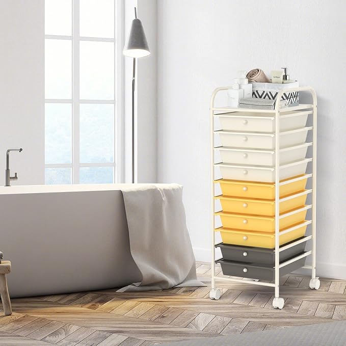 10 Drawer Rolling Storage Cart, Organization Cart with Drawers for Craft Makeup Paper Tool Art Supply, Versatile Utility Cart on Wheels for Home Office Classroom School (Yellow)