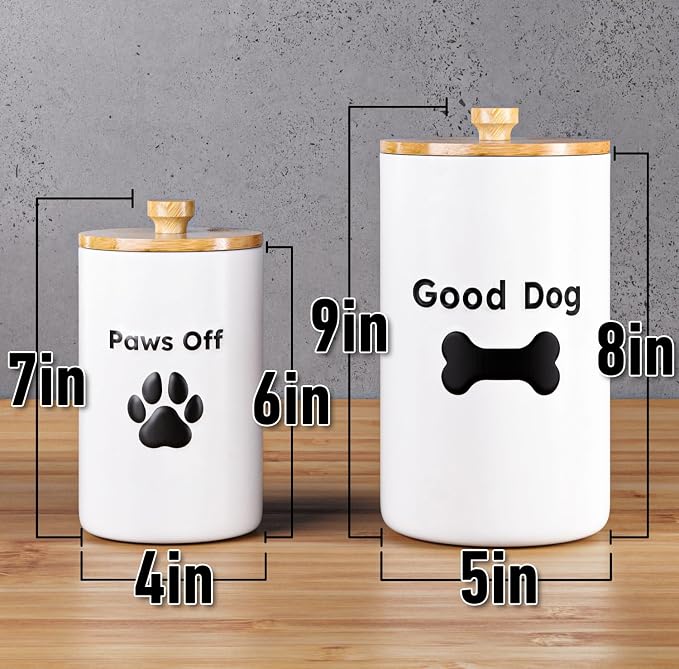 Dog Treat Container Airtight Set of 2, 9x5 & 7x4 inch Ceramic Jars. 11 Cups | Ceramic Dog Treat Jars, 2-piece set, Airtight Bamboo Lids, Rubber-Lined Lids, Raised Design, Over 11 Cups Combined Storage