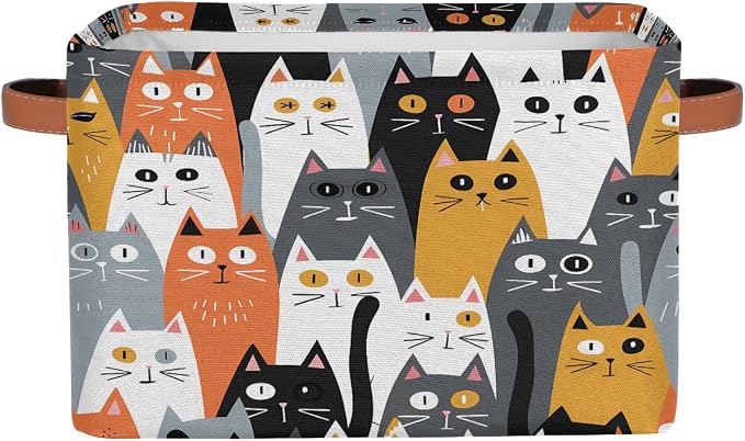 AUUXVA Storage Basket Cute Animal Cat Pattern Storage Cube Box Durable Canvas Collapsible Toy Basket Organizer Bin with Handles for Shelf Closet Bedroom Home Office