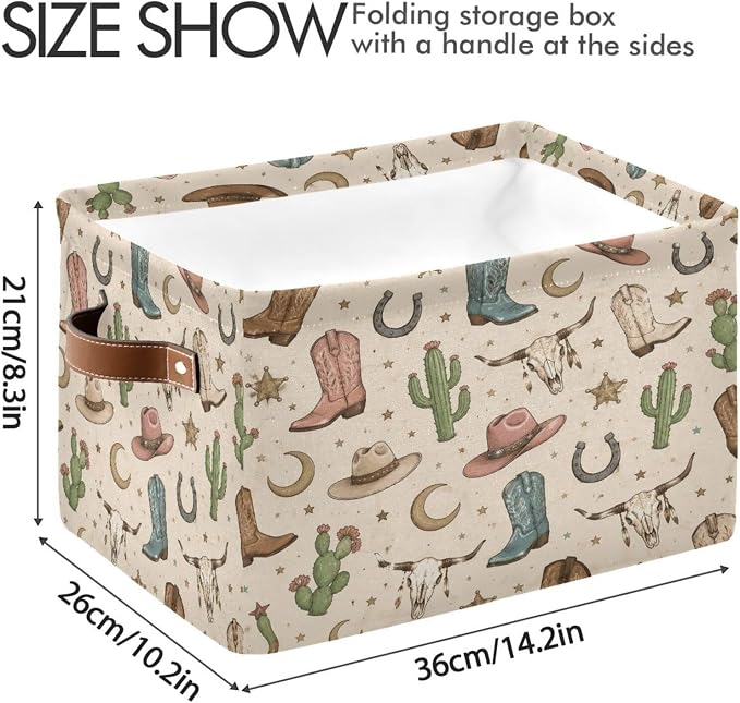 Kigai Storage Basket, Fabric Collapsible Closet Organizer Bin | Western Print Waterproof Foldable Canvas Basket with Handles for Shelves, Nursery, Closet, Bedroom & Bathroom