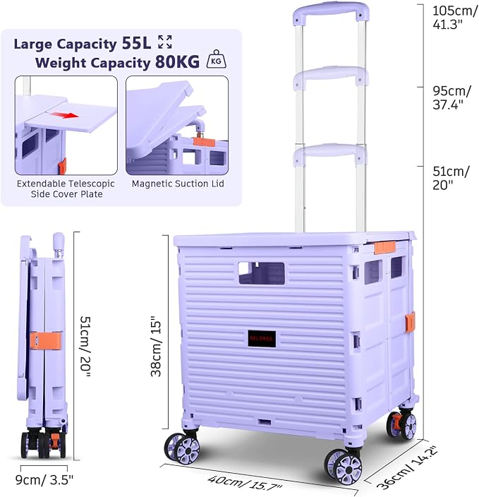 Foldable Utility Cart Collapsible Portable Crate Rolling Carts with Wheels Tote Basket with Magnetic Lid Telescopic Cover Wear-Resistant 360°Rotate Wheel Noiseless for Shopping Storage Office Use