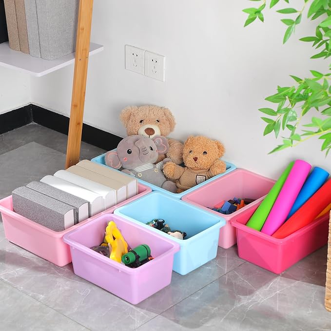 Zonon 12 Pcs Plastic Cubby Bins Office Storage Container Storage Bins Plastic Organization with 1 Pack Self Adhesive Label for Library Office Home Nursery(Mermaid Color)