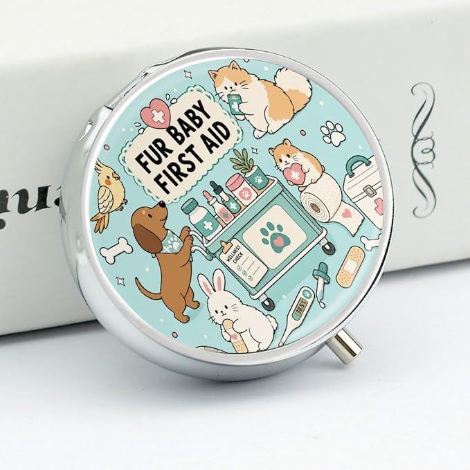 Cute Pet First Aid Essentials Round Pill Box with 3 Compartments, Portable Travel Pill Organizer with Spring Snap Closure for Vitamins Supplements Fish Oil