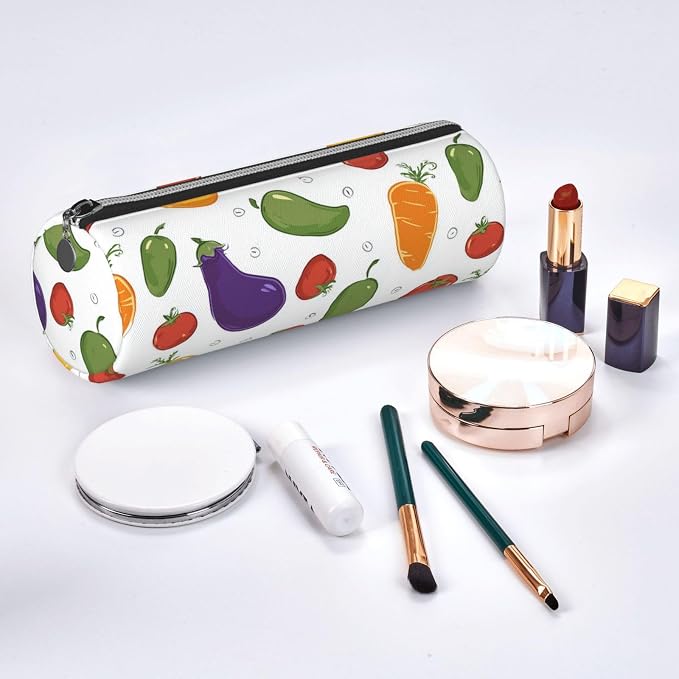 OSAM SPACE Leather Pencil Case Round Pencil Bag Colorful Vegetables Pen Organizer Holder Portable Zipper Pouch Cute School Supplies for Girls Boys Study Office
