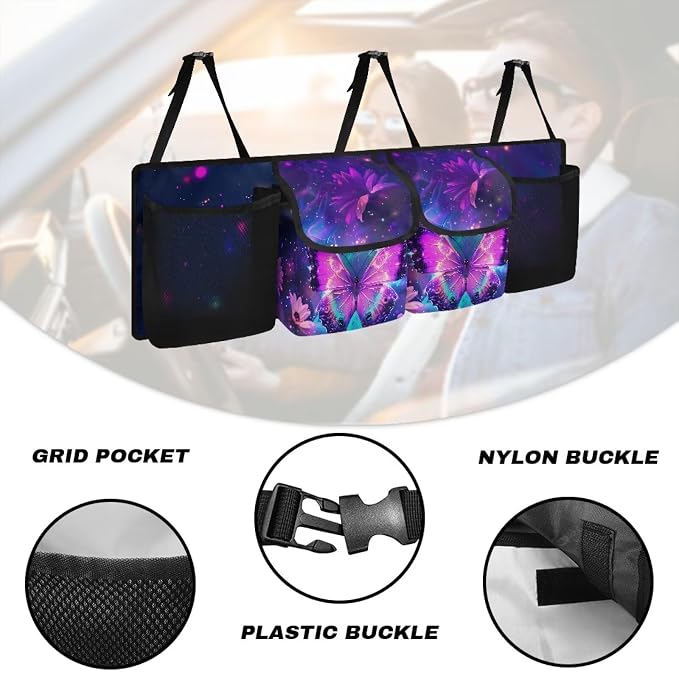 Dreaweet Purple Butterfly Trunk Organizer for Car Women,Large Capacity Car Backseat Hanging Organizer for SUV,Van,Car,Cargo Storage Collapsible with 4 Pockets Adjustable Straps