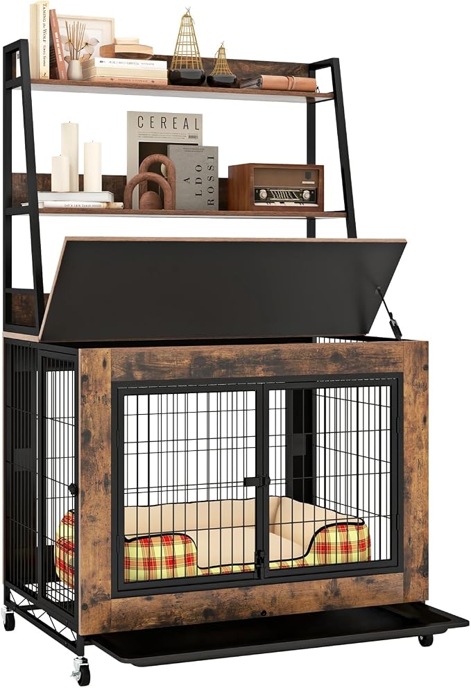 PETSITE Portable Dog Crate Furniture with Storage Shelves, 59 Inch Wooden Dog Kennel with Flip-up Top, 3 Lockable Doors and Removable Tray, Ideal for Small to Medium Dogs (Rustic Brown)