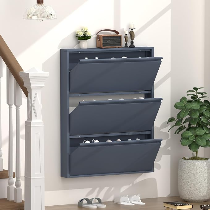 GREATMEET Shoe Cabinet with 3 Flip Drawers, Slim Metal Shoe Cabinet Storage for Entryway, Hidden Narrow Shoe Rack Organizer Cabinets Wall Mount for Living Room, Bedroom, Hallway, Blue