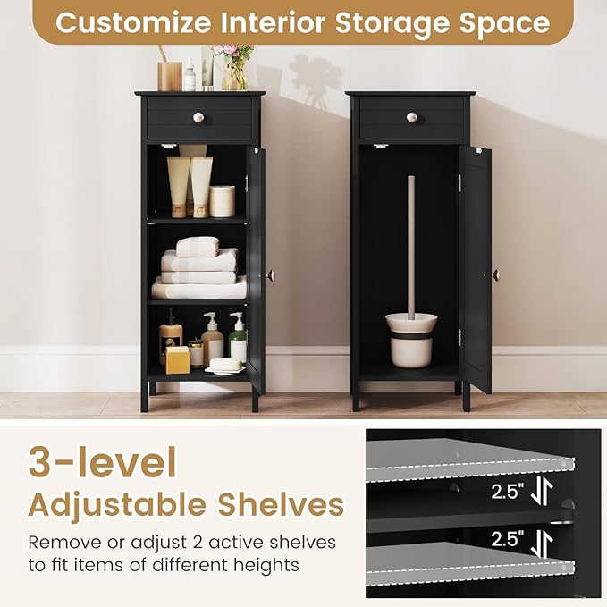 GLACER Floor Storage Cabinet, Bathroom Storage Cabinet (Black) | 2 Adjustable Shelves | Ideal for Bathroom, Living Room | 14 x 12 x 34.5 inches