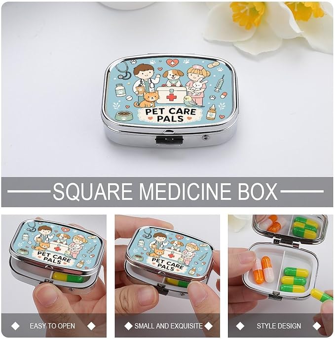 Friendly Pet Care Pals Poster Two Compartment Pill Box Medicine Organizer, Portable Pill Case with Secure Snap Closure for Vitamins Medication Supplements Daily Use