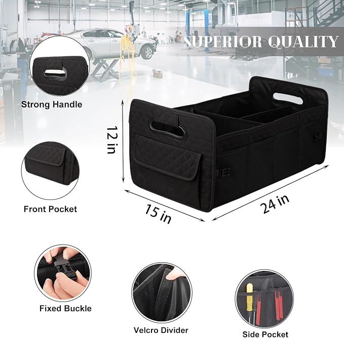 Car Trunk Organizer for SUV, Collapsible Car Storage Organizer Large Black | Sturdy, Strong Capacity, Diamond Decor, Multi Compartment Container Box Adjustable Car Accessories for Sedan Truck